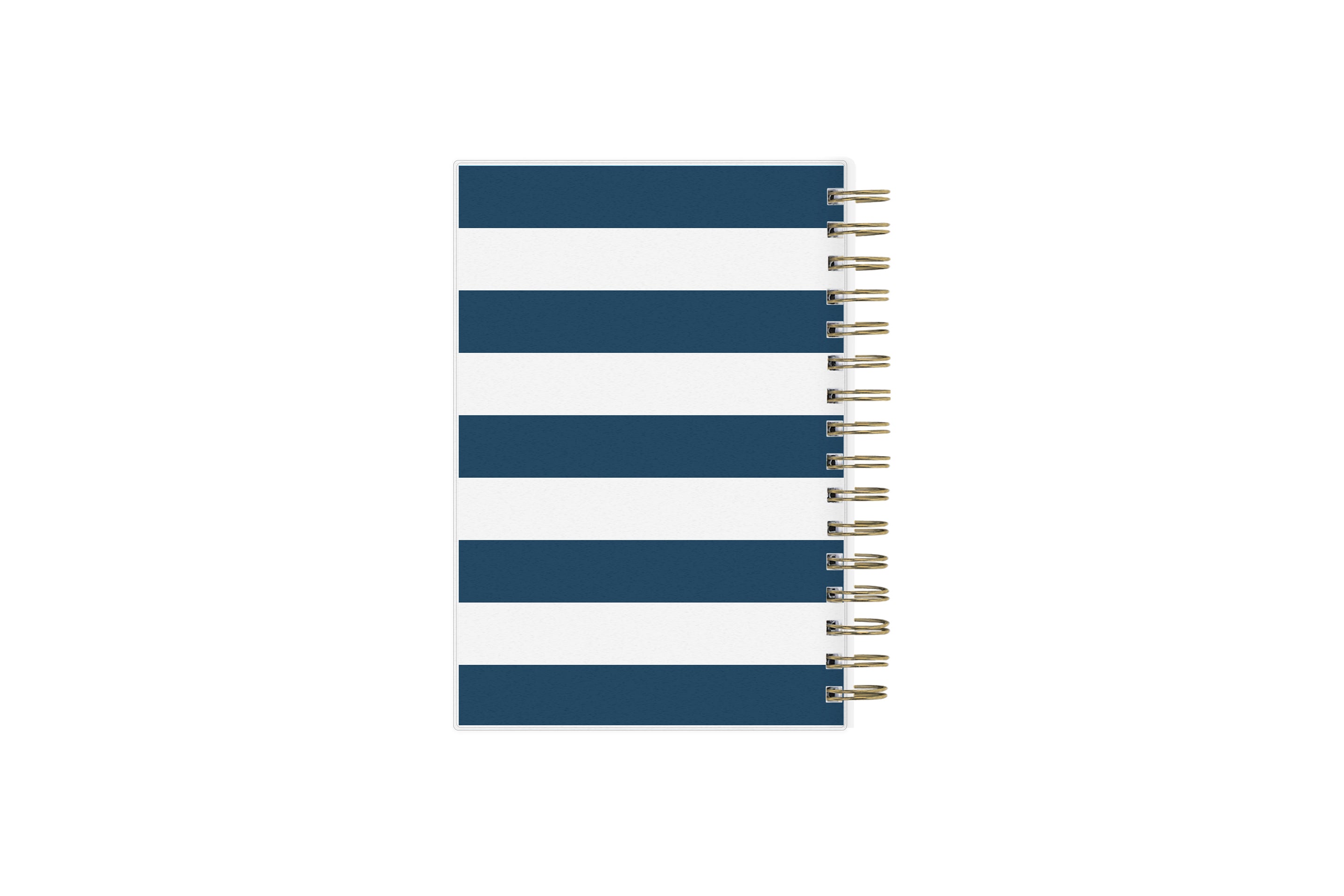 This 5x8 daily planner from day designer for blue sky features a notes section with ample lined writing space, white monthly tabs with gold imprinted text, and gold borders