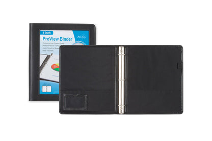 1 inch faux leather binder from blue sky featuring a pen loop holder, 1 inch binding, business card holder, and ample space for storing documents