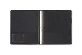 open spread of 1" professional pro view binder with silver binding, business card holder, pen loop, and pockets.