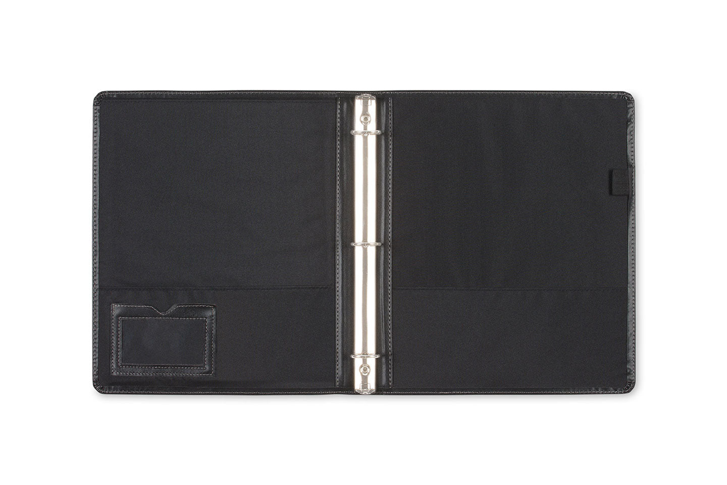 open spread of 1&quot; professional pro view binder with silver binding, business card holder, pen loop, and pockets.