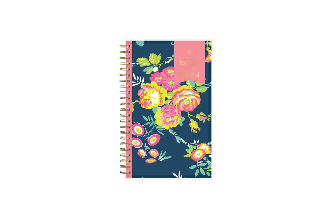 2023-2024 weekly monthly academic planner from Day Designer for Blue Sky featuring a navy background and floral front cover 5x8
