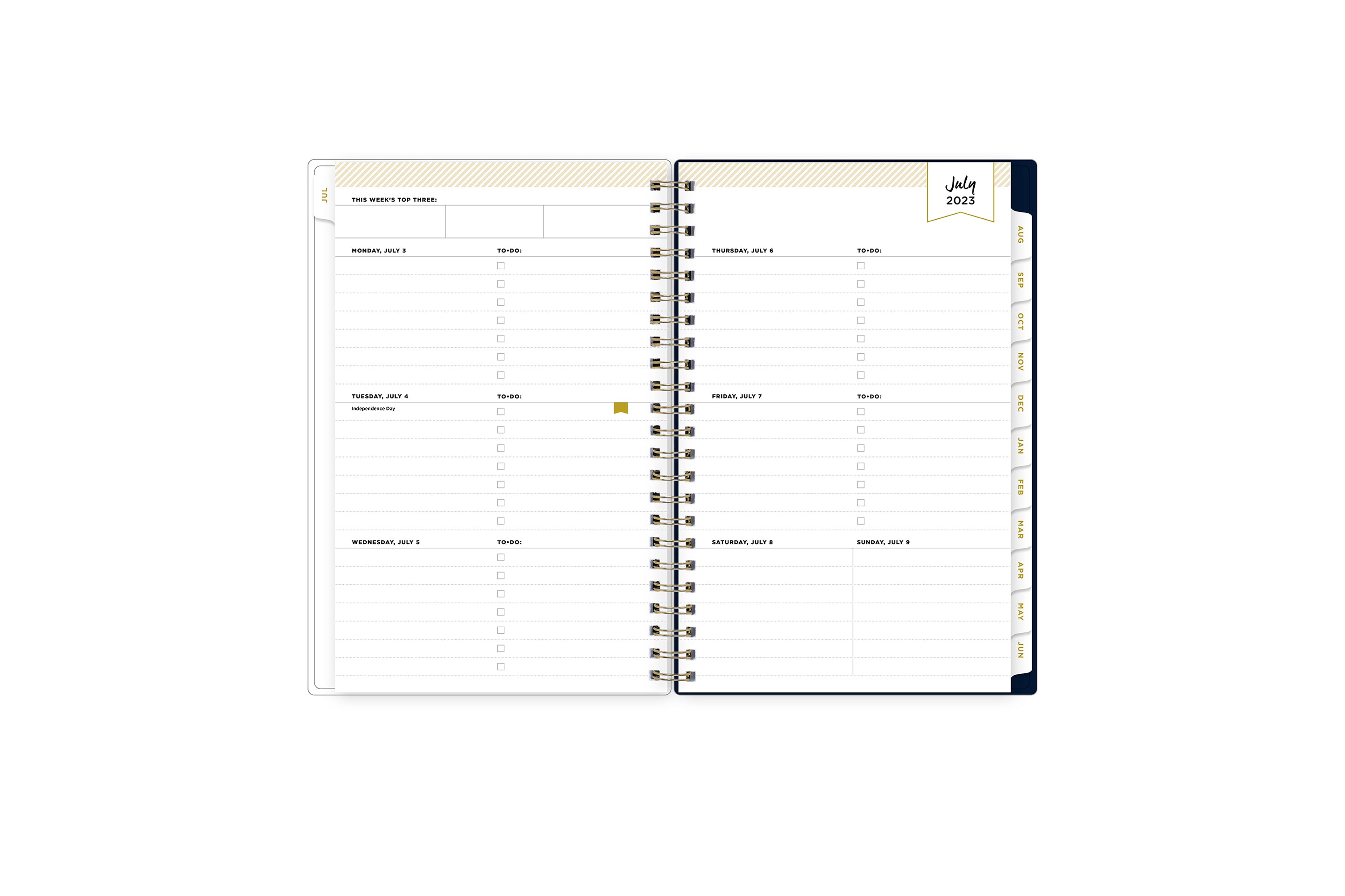 2023-2024 weekly and monthly planner featuring a weekly spread with notes section, to-do list, and rainbow colored tabs in 5x8 planner size