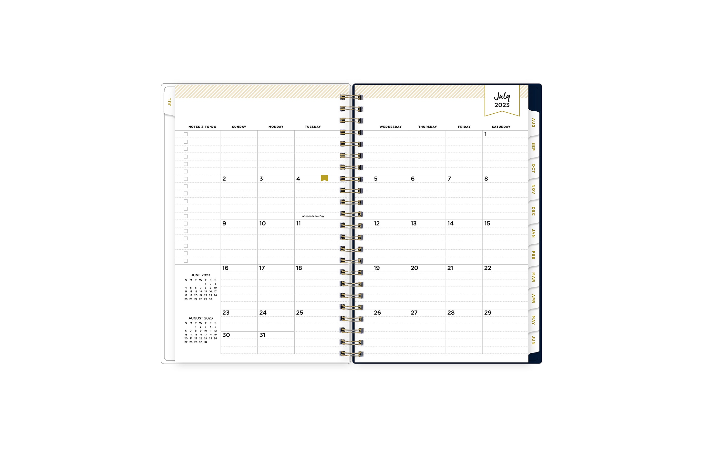 Weekly monthly 5x8 academic planner monthly spread featuring rainbow tabs, notes section with to-do list