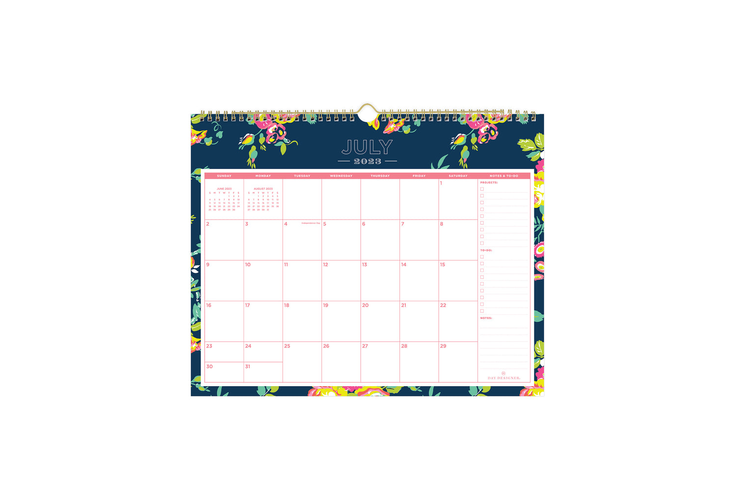 2023-2024 academic wall calendar for school year from Day Designer for Blue Sky in a white background, floral pink pattern and monthly view layout