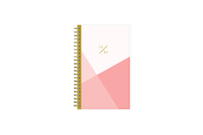 July 2023-2024 weekly and monthly planner for academic year featuring a geometric design in palette of pinks and white in 5x8 planner size