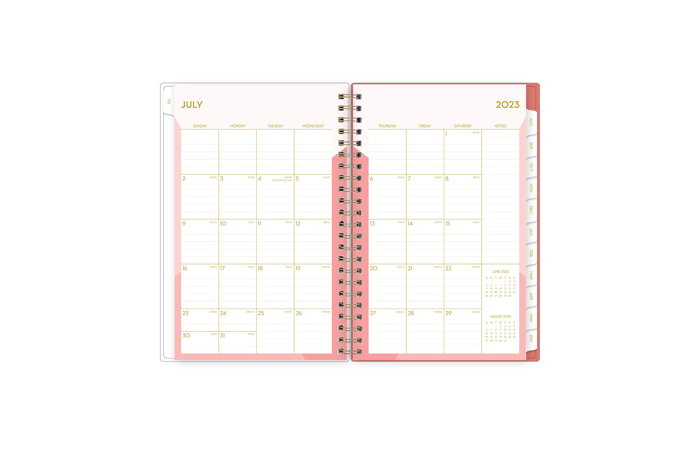 This 2023-2024 weekly monthly planner features a monthly spread with lined writing space, notes section, reference calendars and white monthly tabs with gold imprints