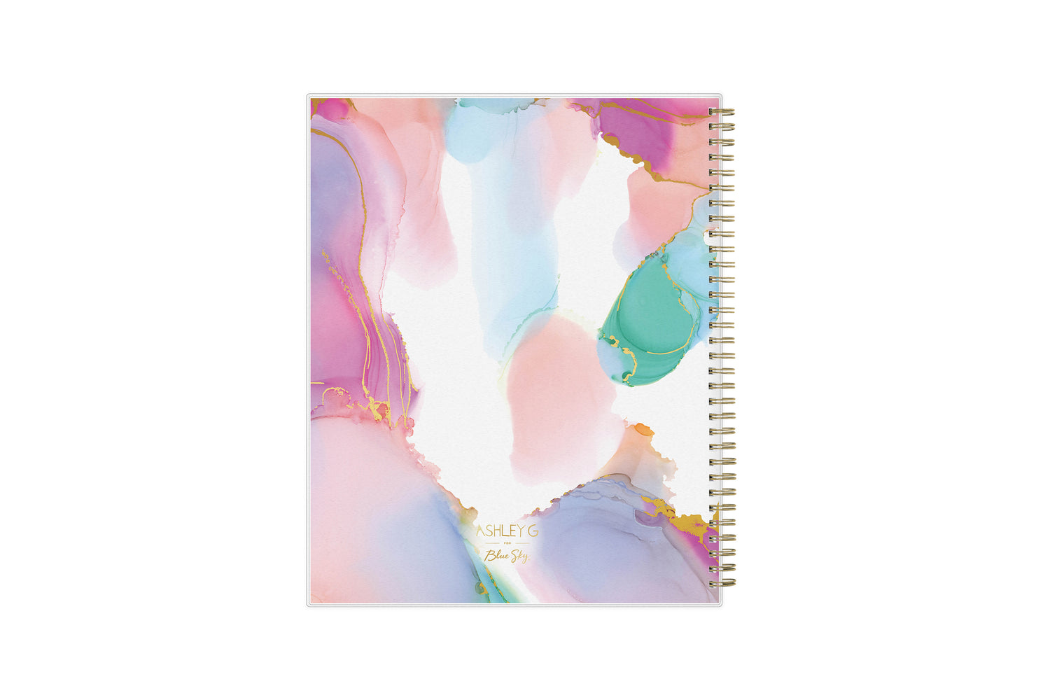 2023-2024 weekly monthly planner by Ashley g for blue sky featuring a marble like pattern back cover and gold twin wire-o binding in 8.5x11 size