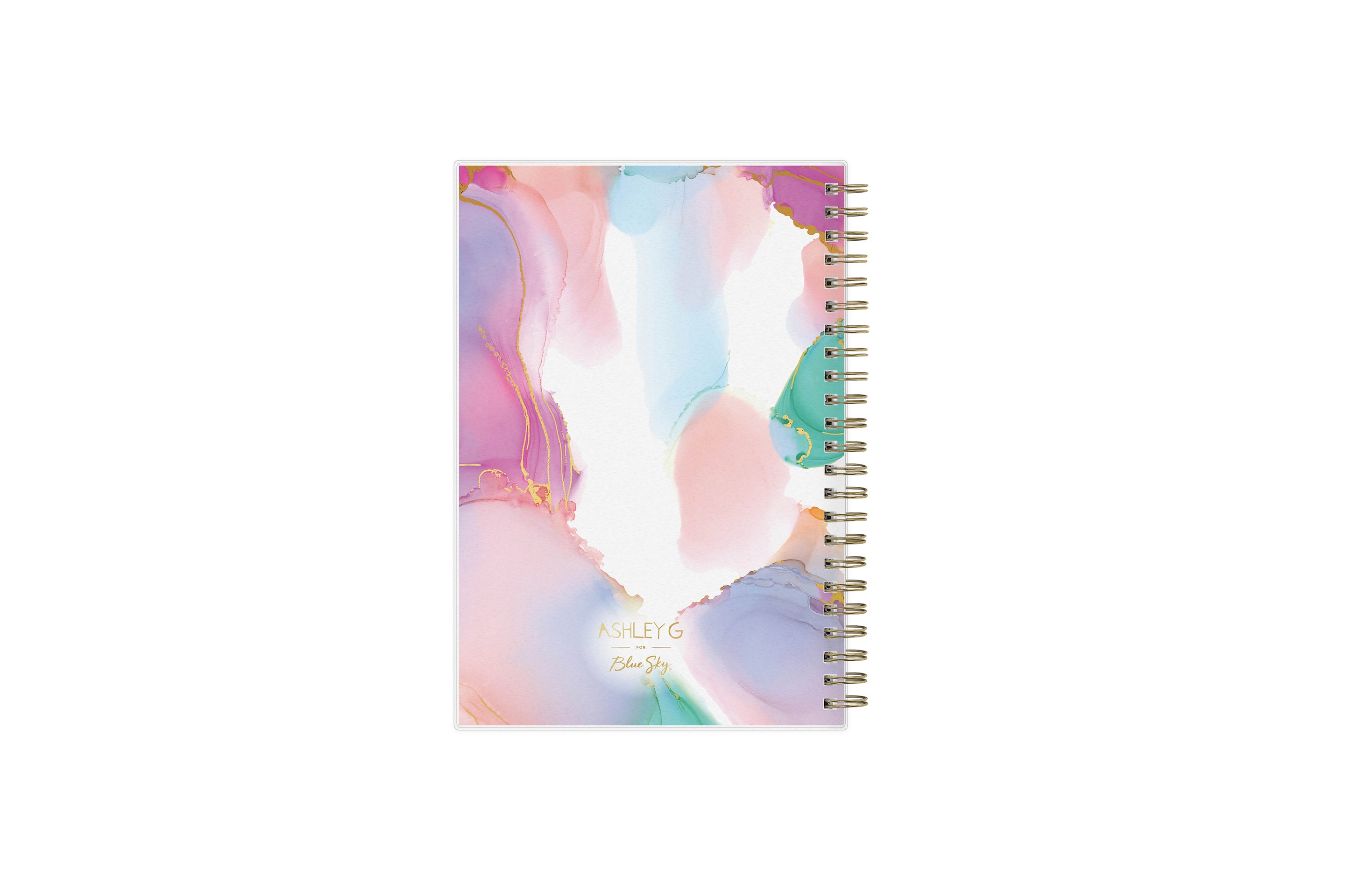 2023-2024 weekly monthly planner by Ashley g for blue sky featuring a marble like pattern back cover and gold twin wire-o binding in 5x8 size