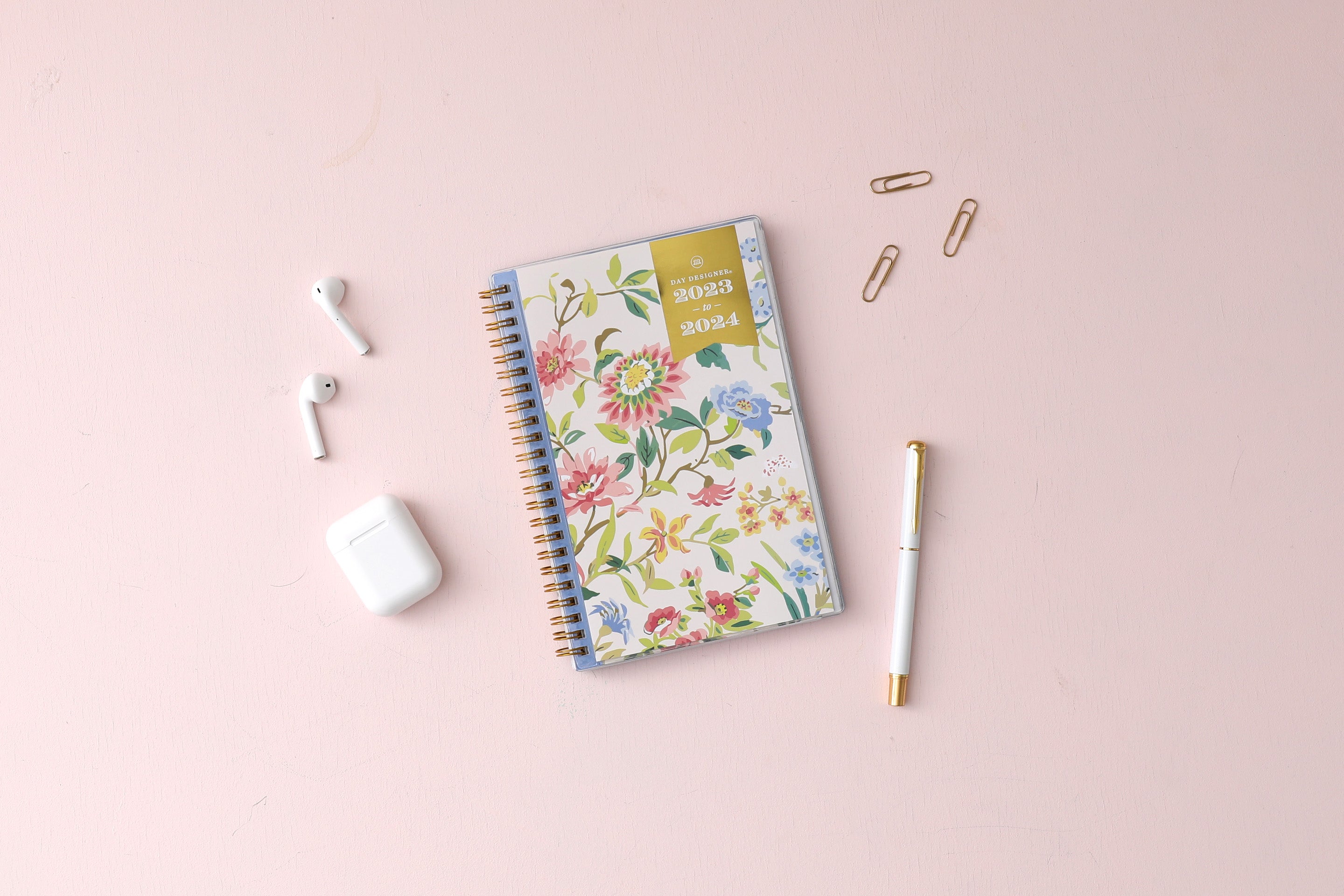 2023-2024 weekly monthly academic planner for the school year in mint background and floral patterns in 5x8 size, gold wire binding