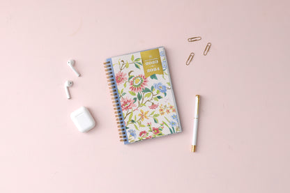 2023-2024 weekly monthly academic planner for the school year in mint background and floral patterns in 5x8 size, gold wire binding