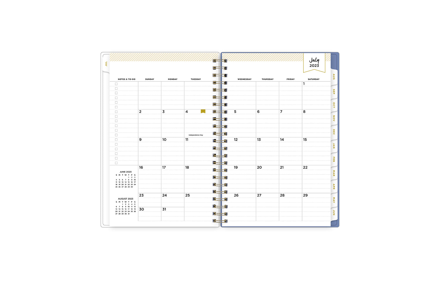2023-2024 weekly monthly planner featuring a monthly spread with blue tabs for each month  and notes and to-do section