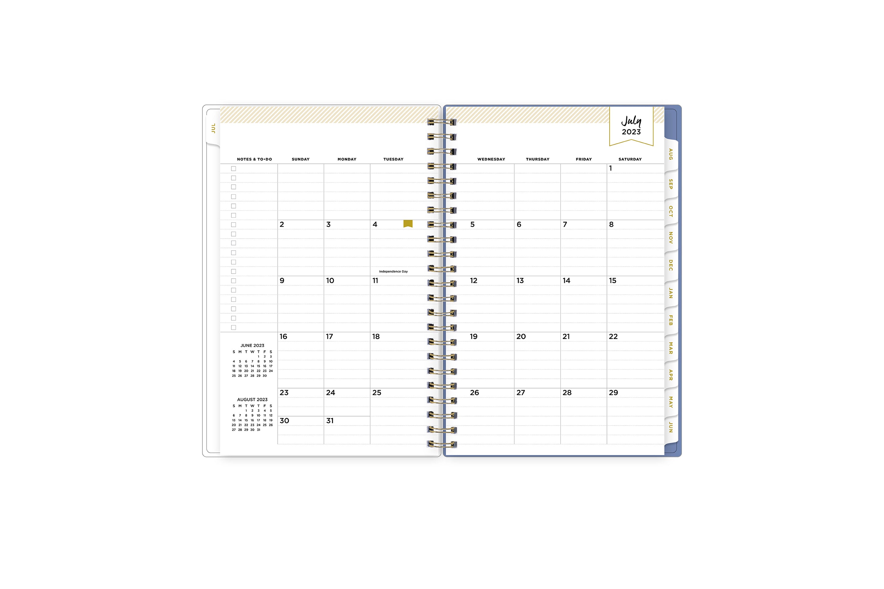 2023-2024 weekly monthly planner featuring a monthly spread with blue tabs for each month  and notes and to-do section