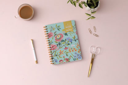 2023-2024 weekly monthly academic planner for the school year in mint background and floral patterns in 5.875x8.625 size, gold wire binding