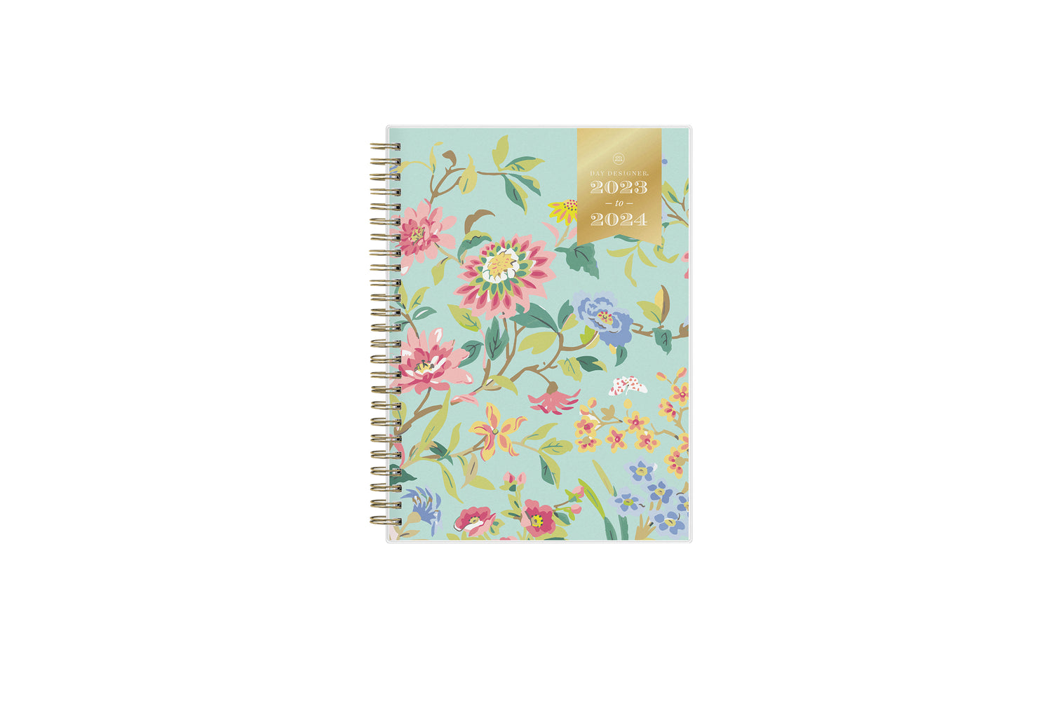 2023-2024 weekly monthly academic planner for the school year in mint background and floral patterns in 5.875x8.625 size, gold wire binding