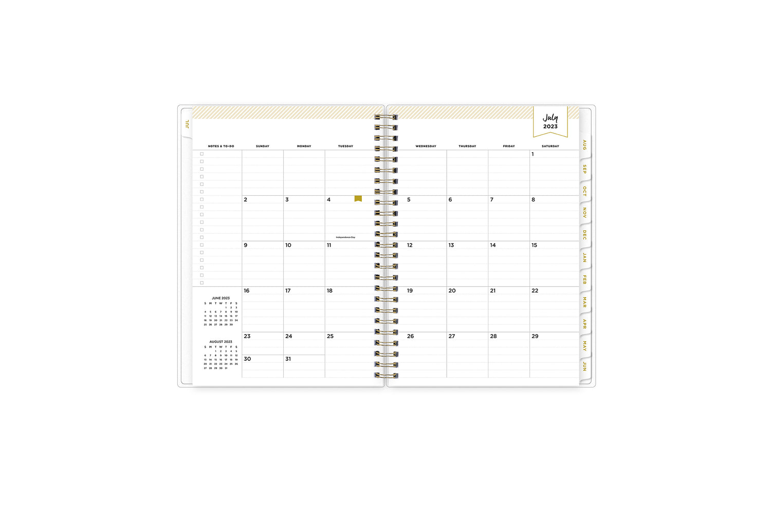 2023-2024 weekly monthly planner featuring a monthly spread with mint tabs for each month  and notes and to-do section