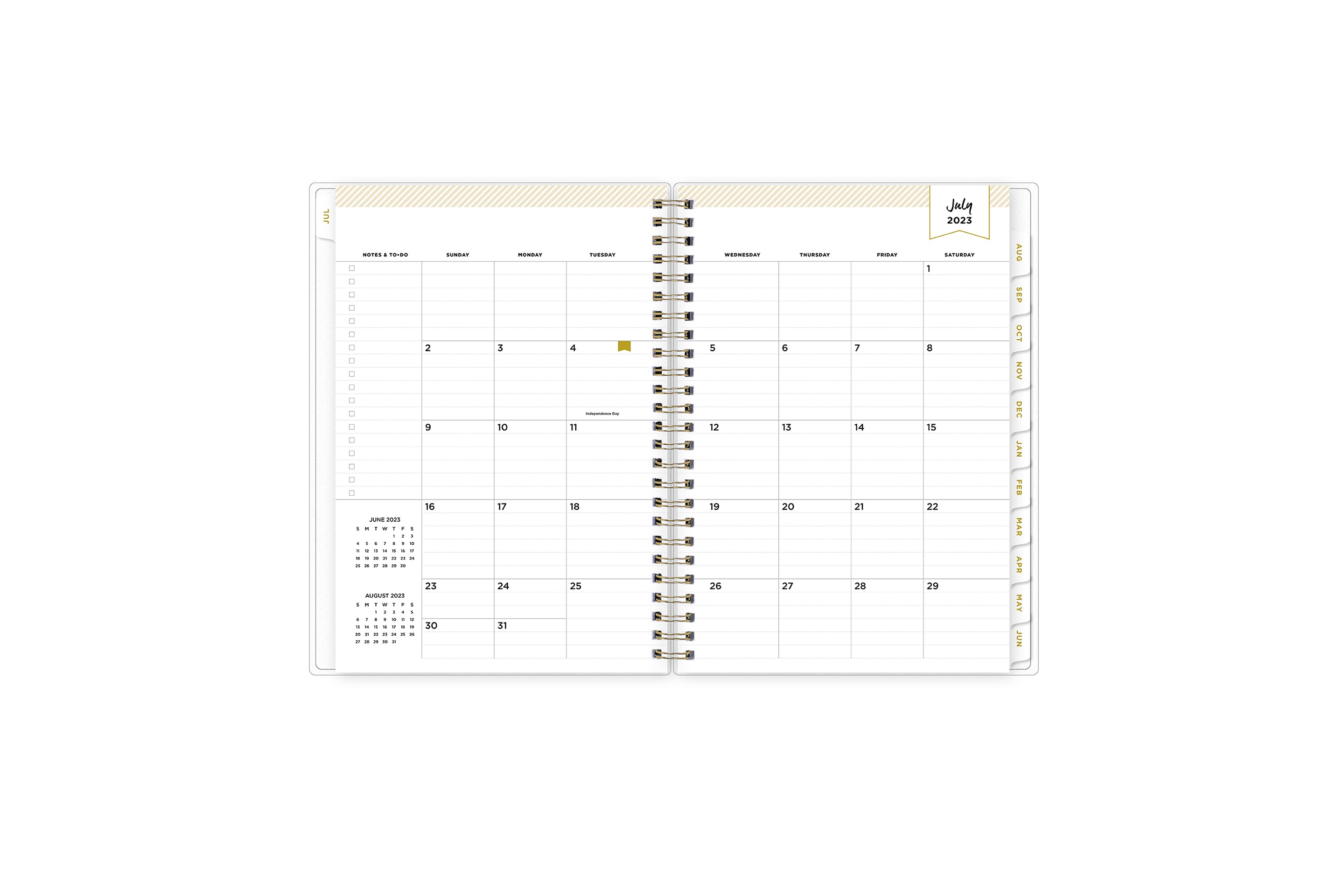 2023-2024 weekly monthly planner featuring a monthly spread with mint tabs for each month  and notes and to-do section