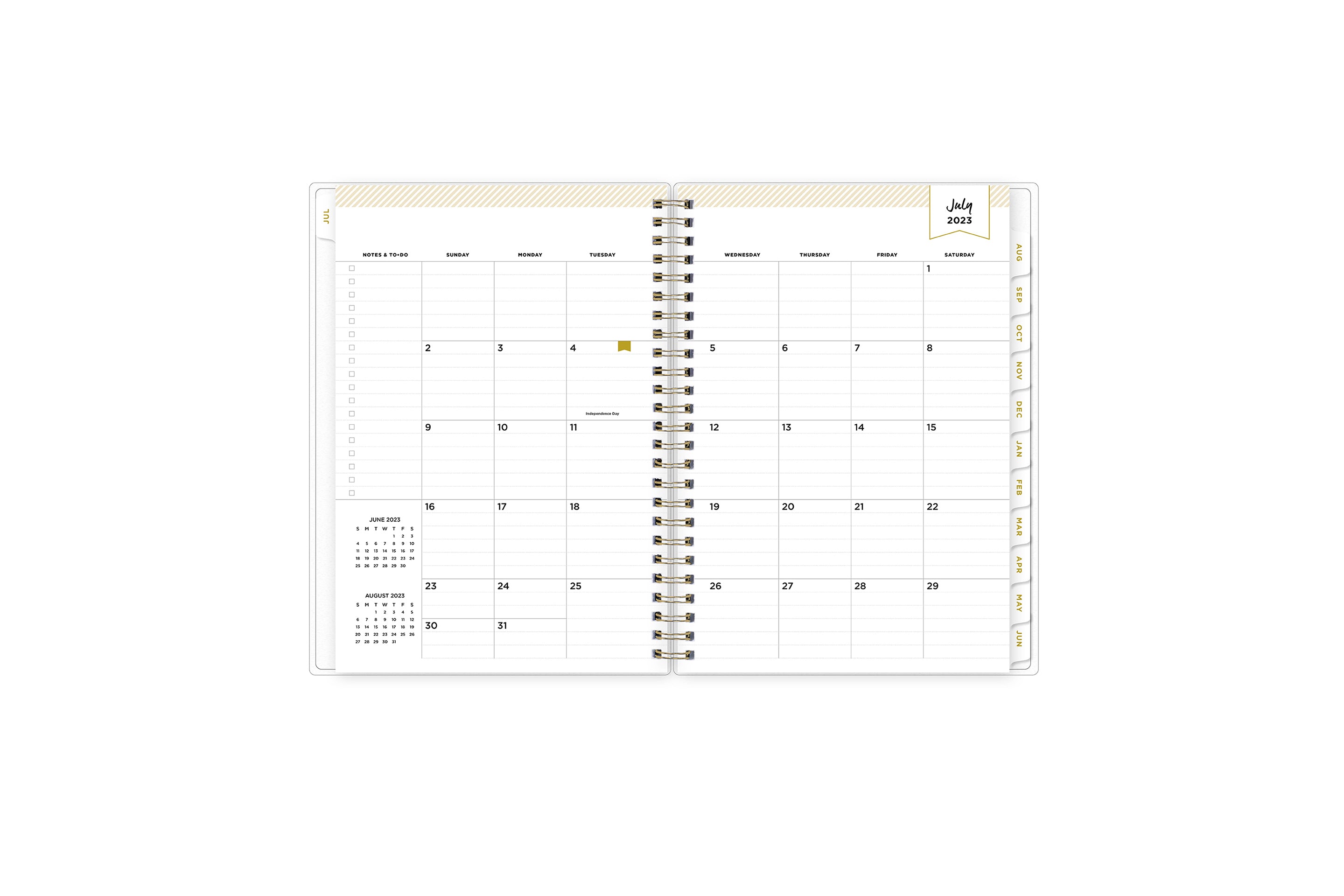 2023-2024 weekly monthly planner featuring a monthly spread with mint tabs for each month  and notes and to-do section