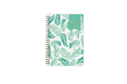2023-2024 weekly and monthly day designer planner for blue sky featuring palms front cover silver wire-o binding in a 5x8 planner size