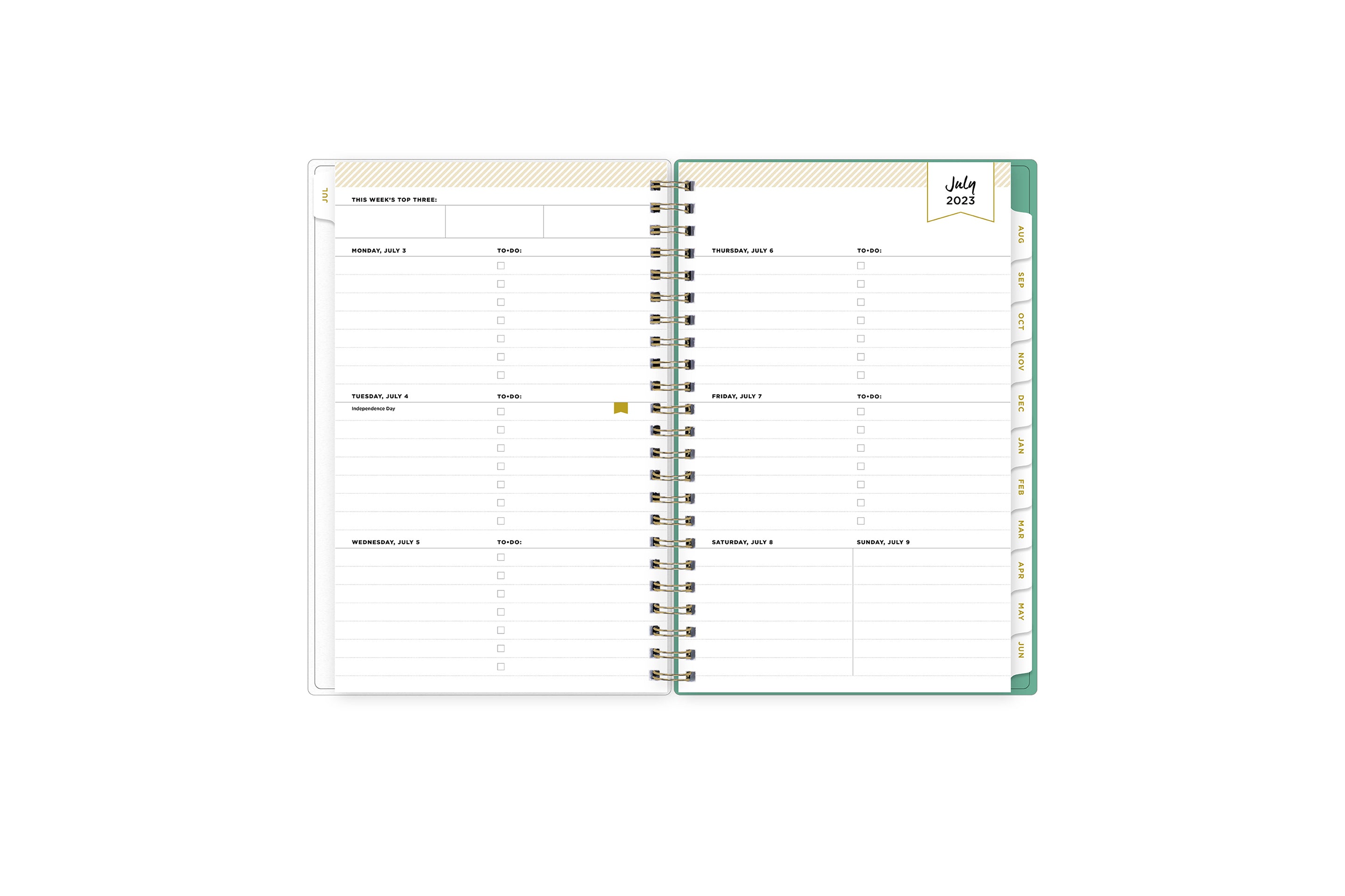2023-2024 academic weekly monthly planner featuring a weekly spread grid lined notes, to-do list, goals, mint tabs, and reference calendars in 5x8 planner size