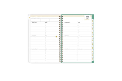 2023-2024 academic weekly monthly planner featuring a weekly spread grid lined notes, to-do list, goals, mint tabs, and reference calendars in 5x8 planner size