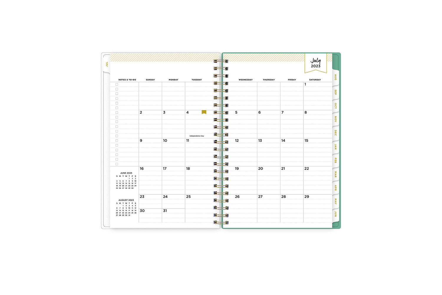 2023-2024 academic weekly monthly planner featuring a monthly spread grid lined notes, to-do list, goals, mint tabs, and reference calendars in 5x8 planner size
