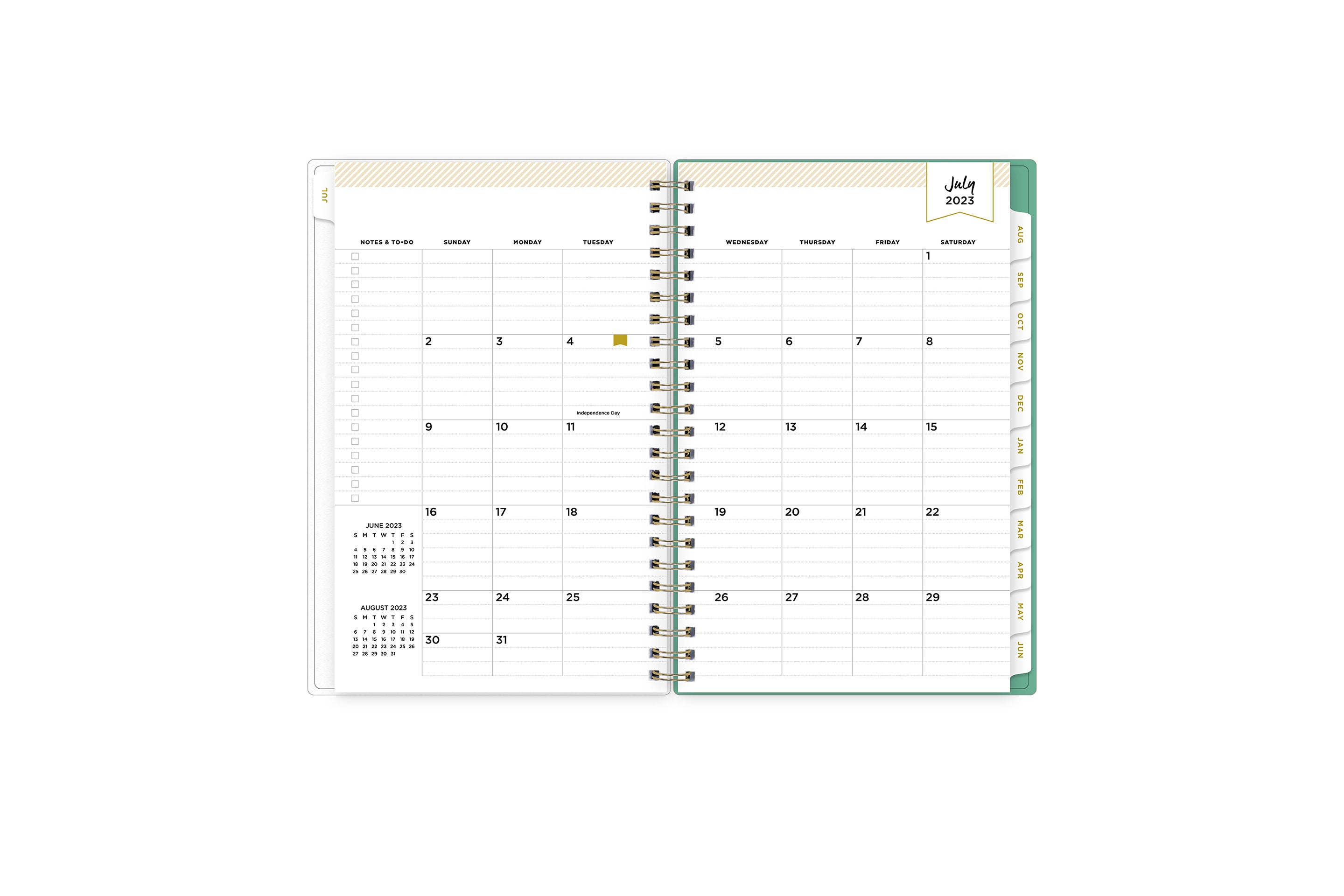2023-2024 academic weekly monthly planner featuring a monthly spread grid lined notes, to-do list, goals, mint tabs, and reference calendars in 5x8 planner size