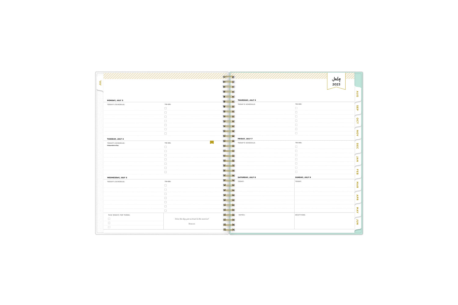2023-2024 weekly and monthly planner featuring a weekly spread with notes section, to-do list, and mint tabs in 8.5x11 planner size