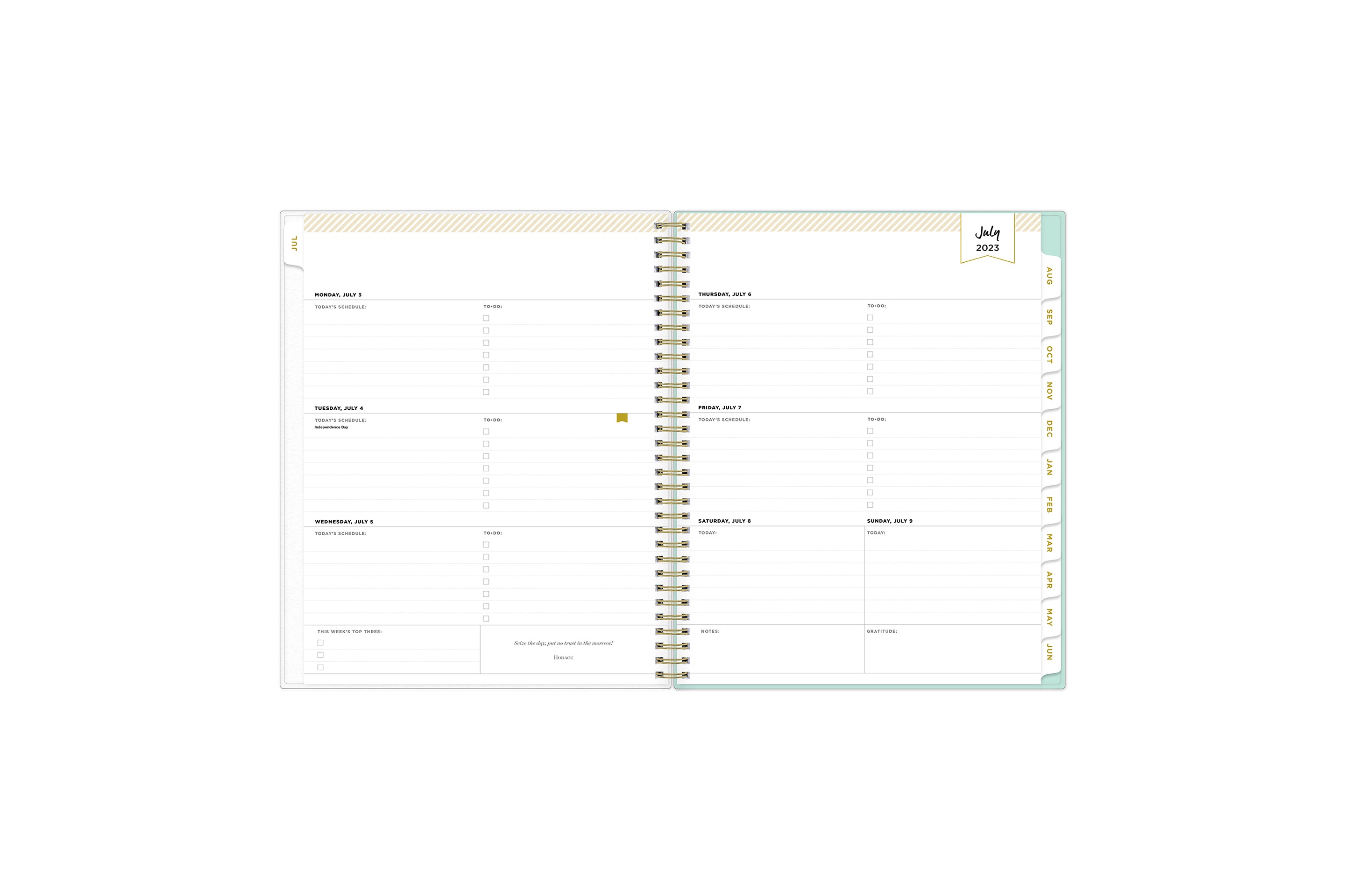 2023-2024 weekly and monthly planner featuring a weekly spread with notes section, to-do list, and mint tabs in 8.5x11 planner size
