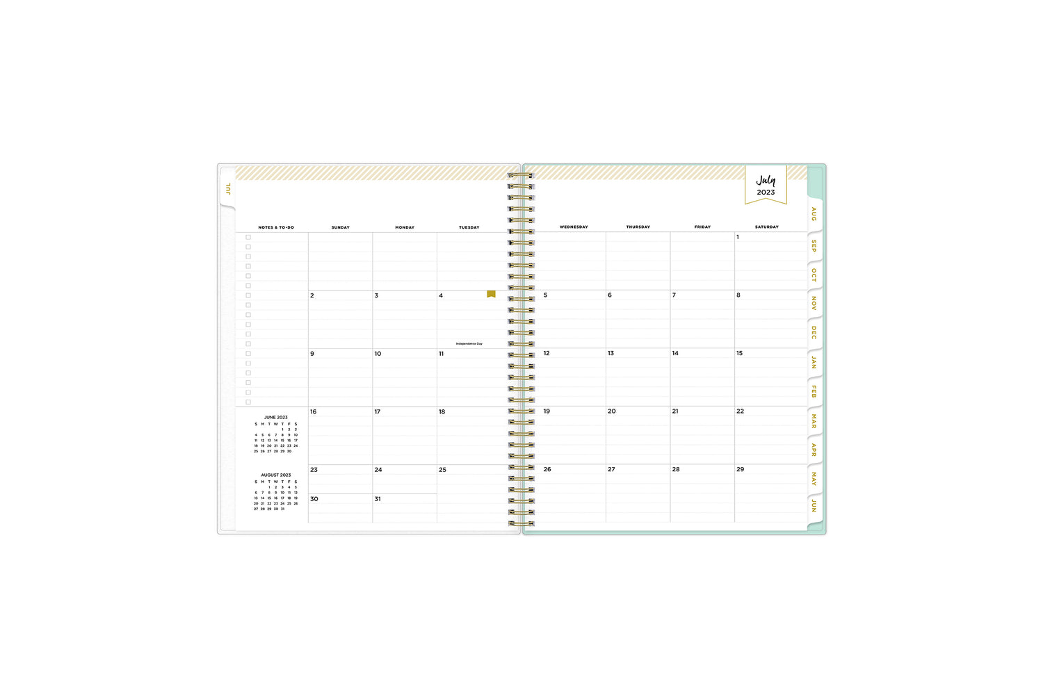 2023-2024 daily planner from day designer for blue sky featuring a monthly spread with lined writing space, to-do list, notes section, reference calendars and mint monthly tabs
