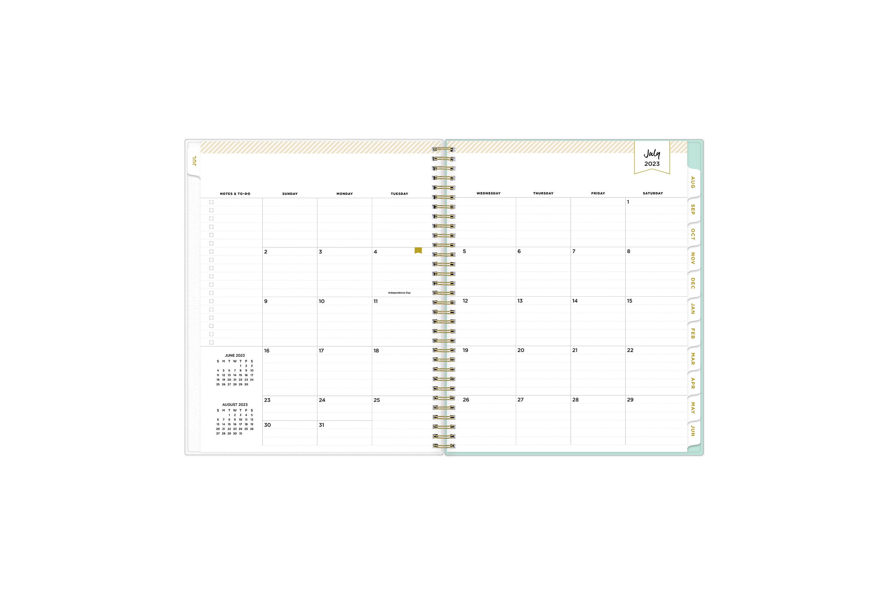 2023-2024 daily planner from day designer for blue sky featuring a monthly spread with lined writing space, to-do list, notes section, reference calendars and mint monthly tabs