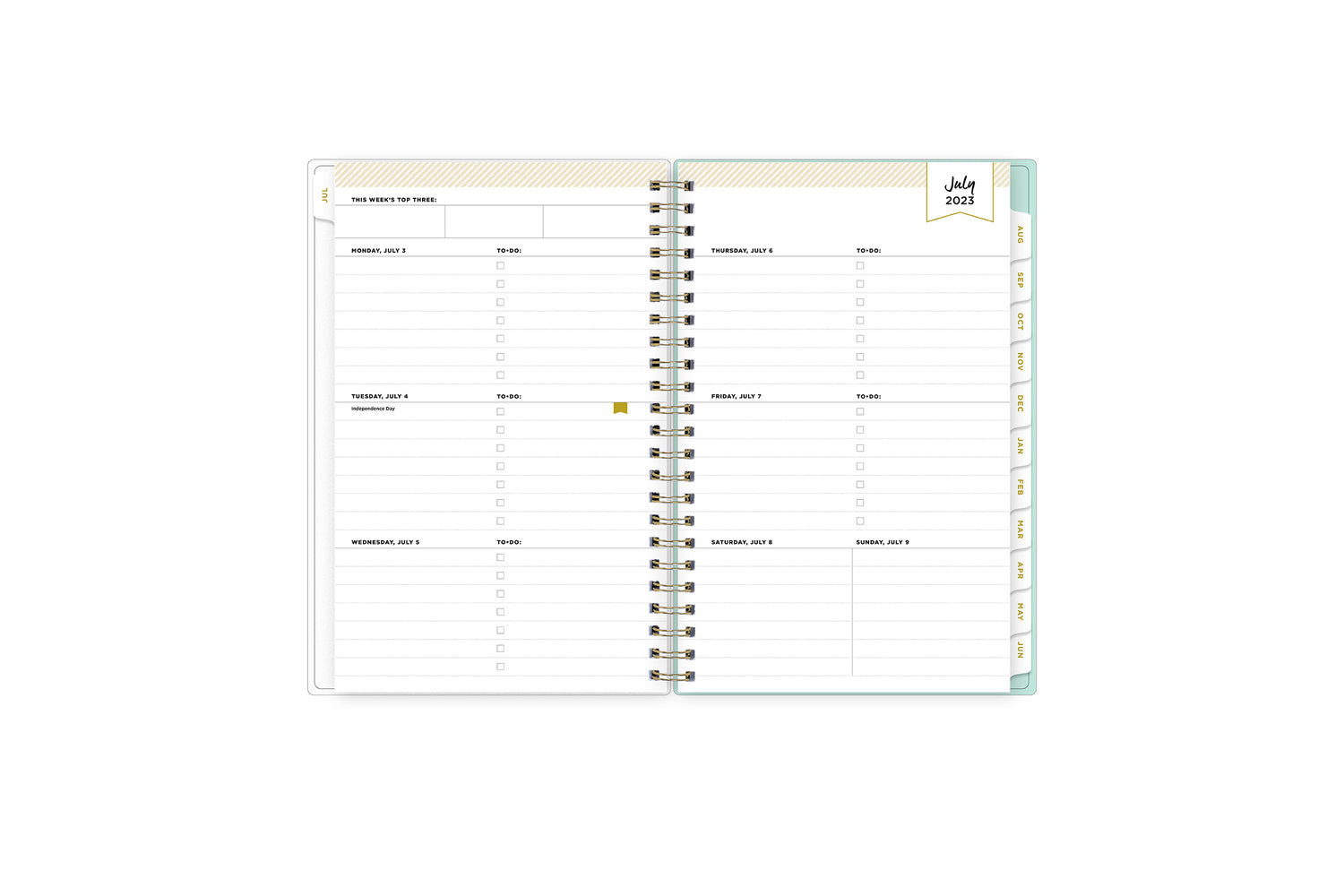 2023-2024 weekly and monthly planner featuring a weekly spread with notes section, to-do list, and mint tabs in 5x8 planner size
