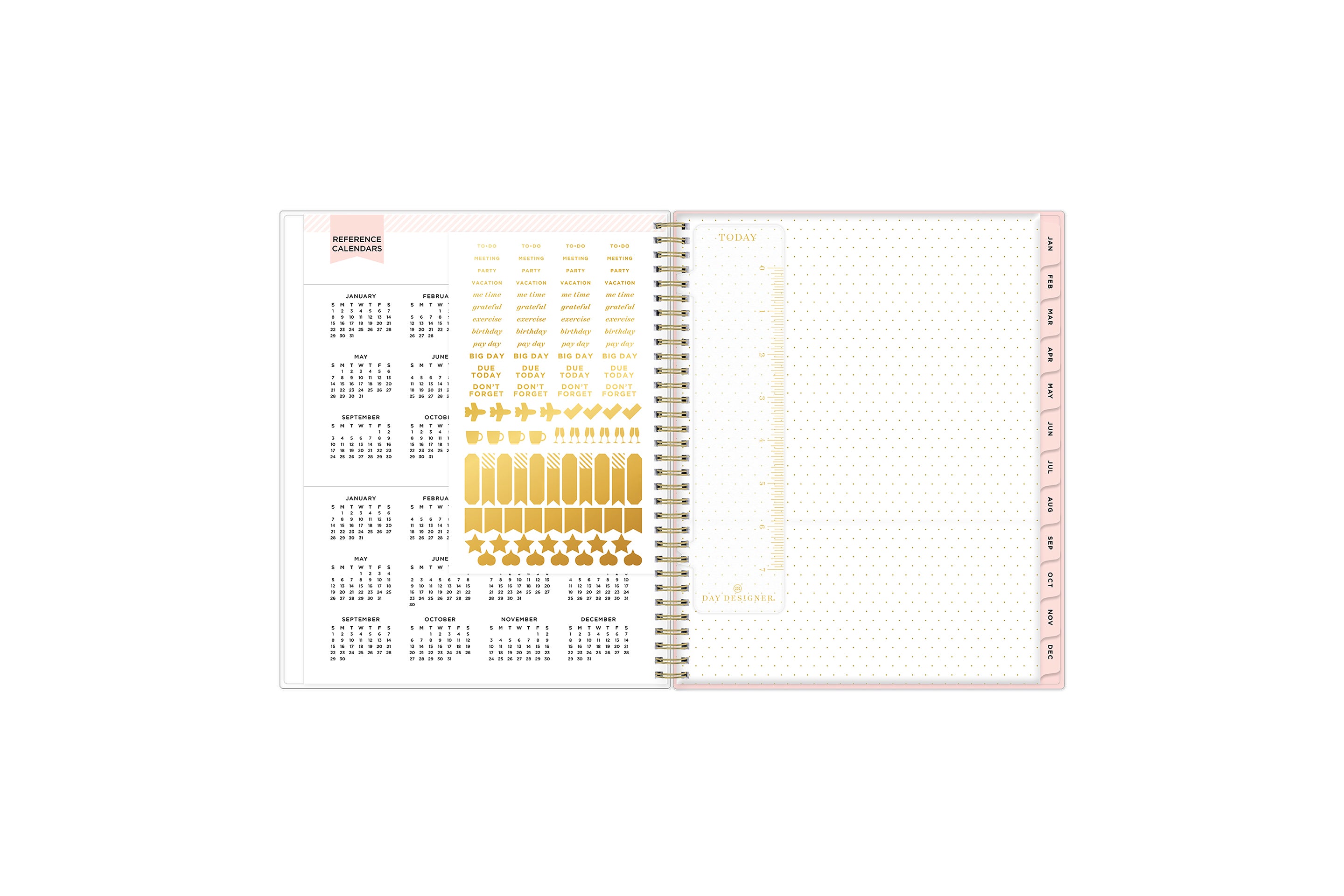 weekly monthly 2024 planner featuring snap in book mark, paper pocket, and two sticker sheets