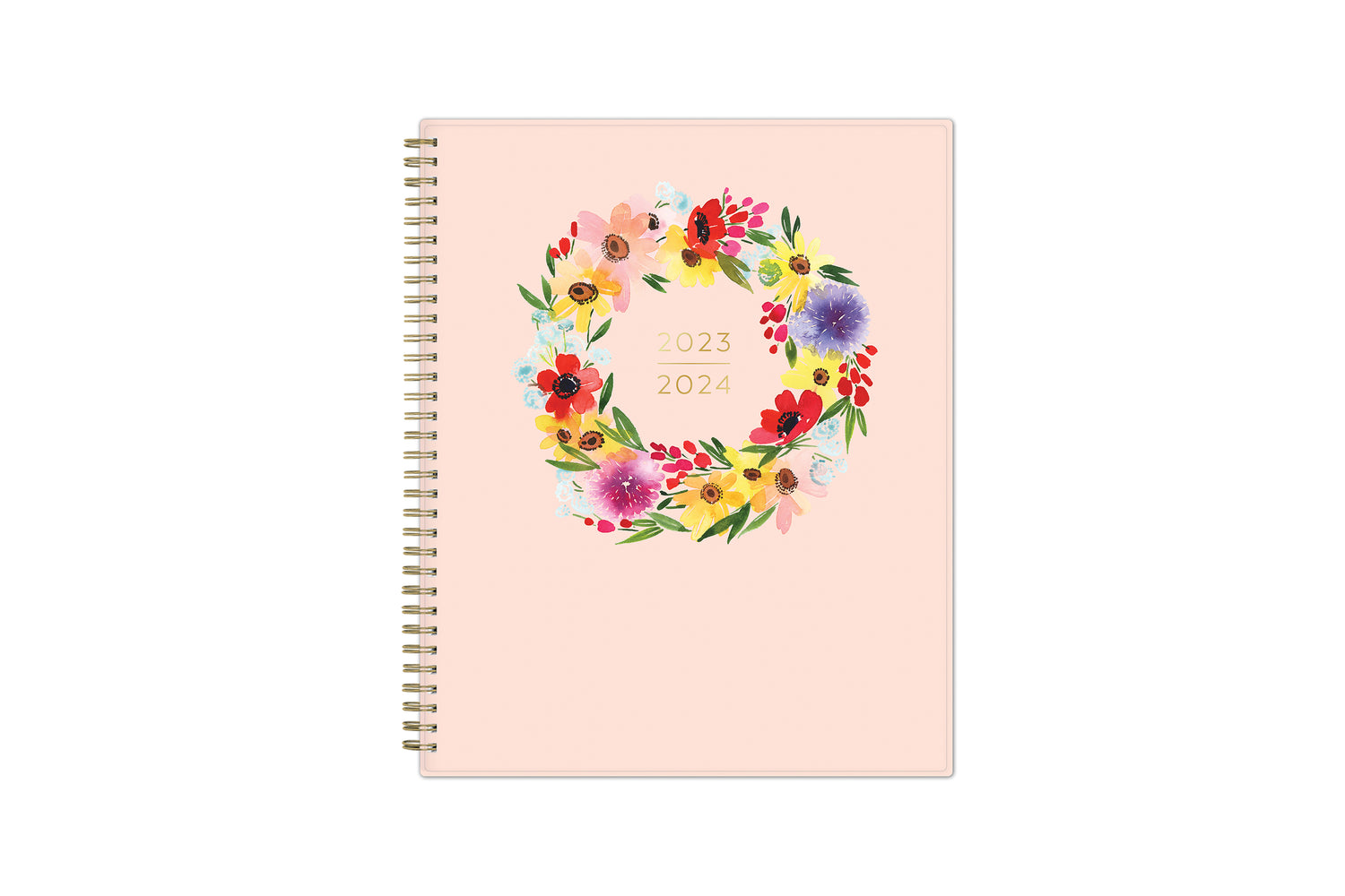 Bright colored floral wreath with 2023-2024 academic year planner on soft coral background  gold wire binding 8.5x11 size