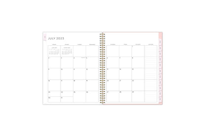 july 2023 - june 2024 weekly academic planner, monthly spread view blank writing space and lined notes, soft pink monthly tabs