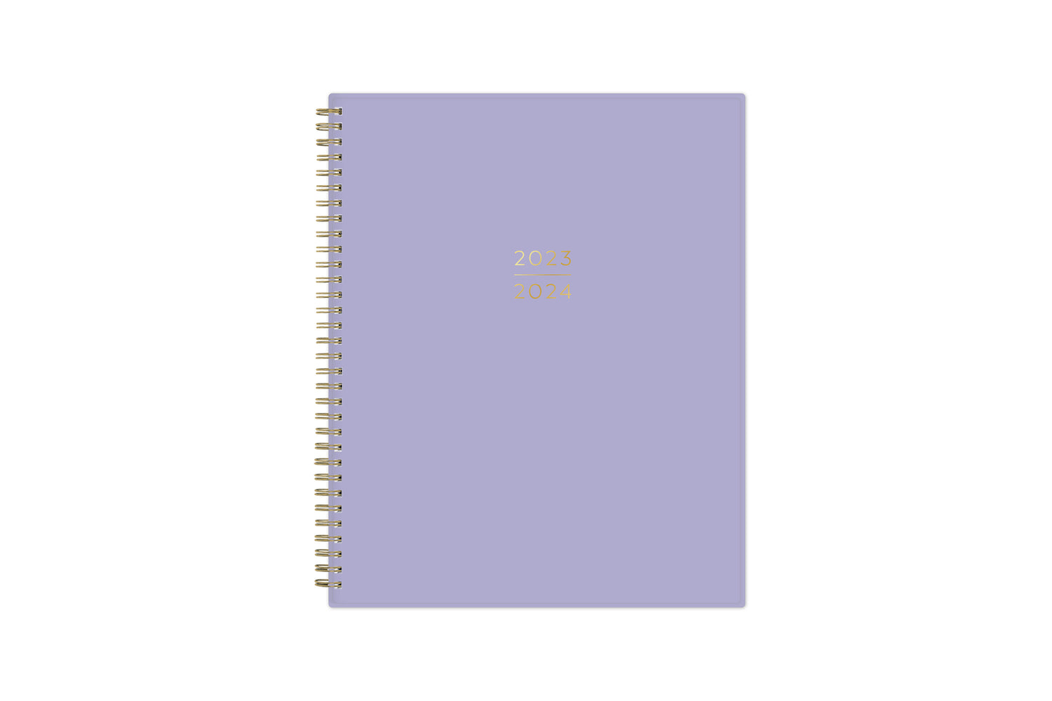 Solid lavender front cover and 2023-2024 printed academic year gold twin wire o binding