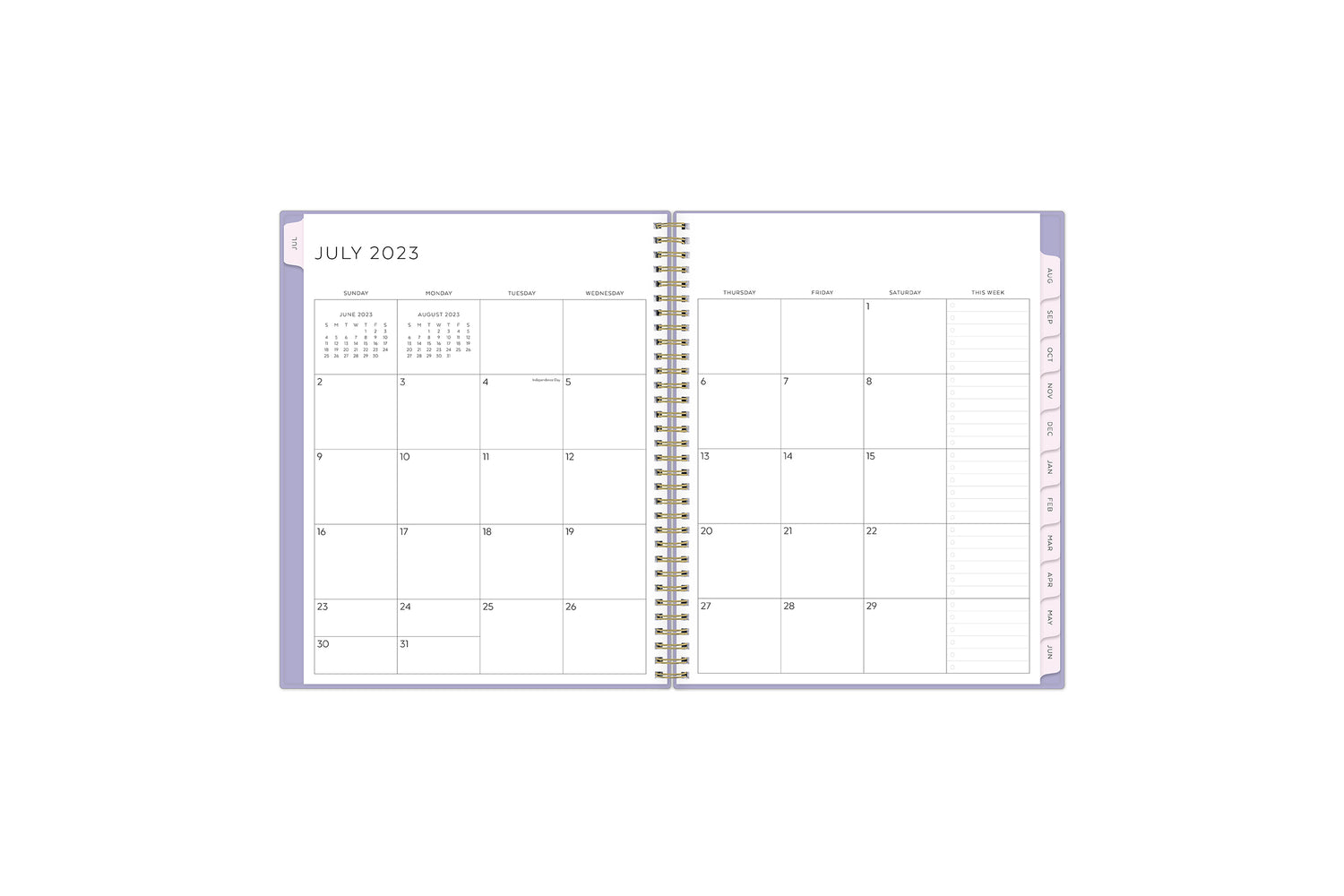 July 2023 - June 2024 monthly spread, to do list, lined notes, soft pink monthly tabs