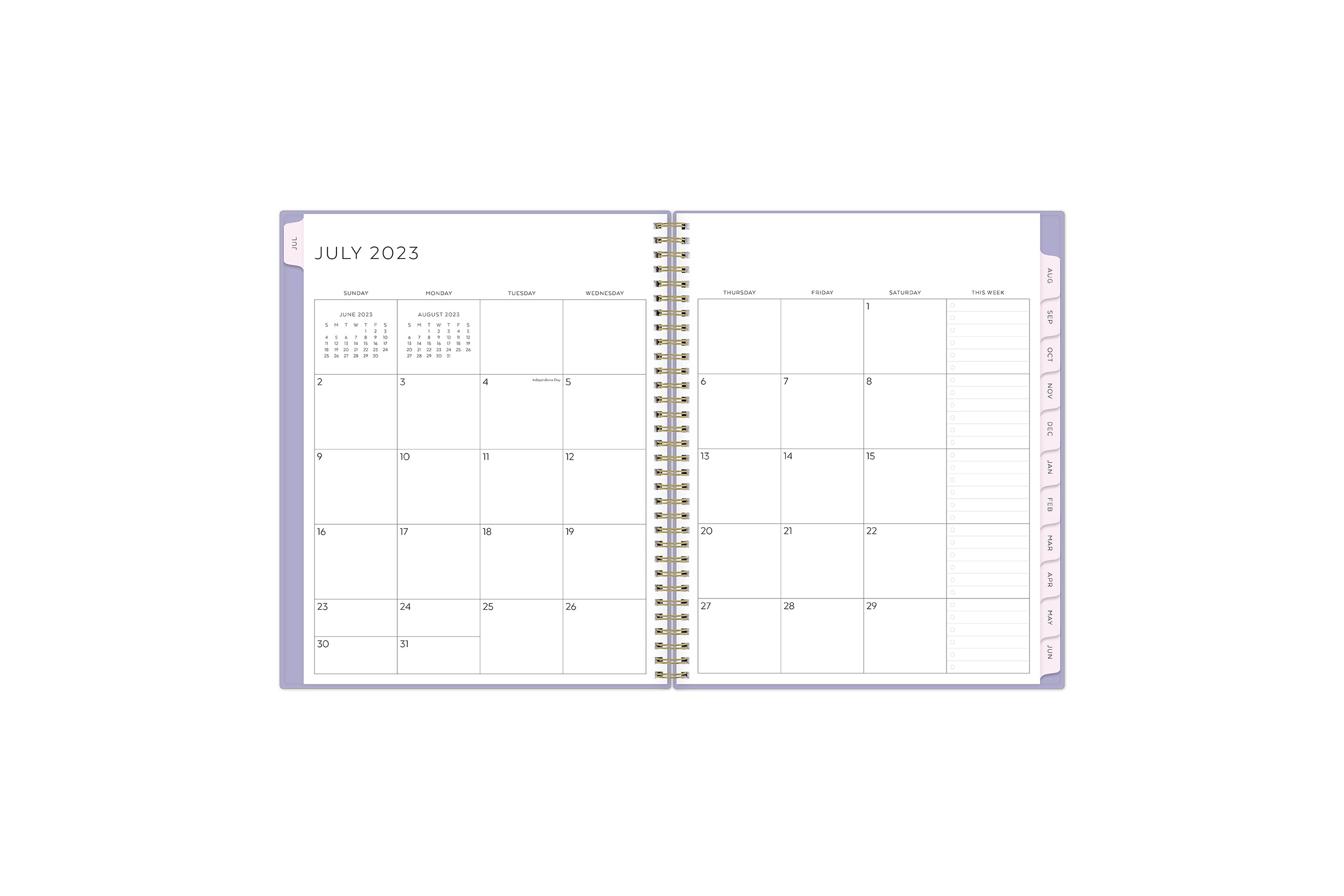July 2023 - June 2024 monthly spread, to do list, lined notes, soft pink monthly tabs