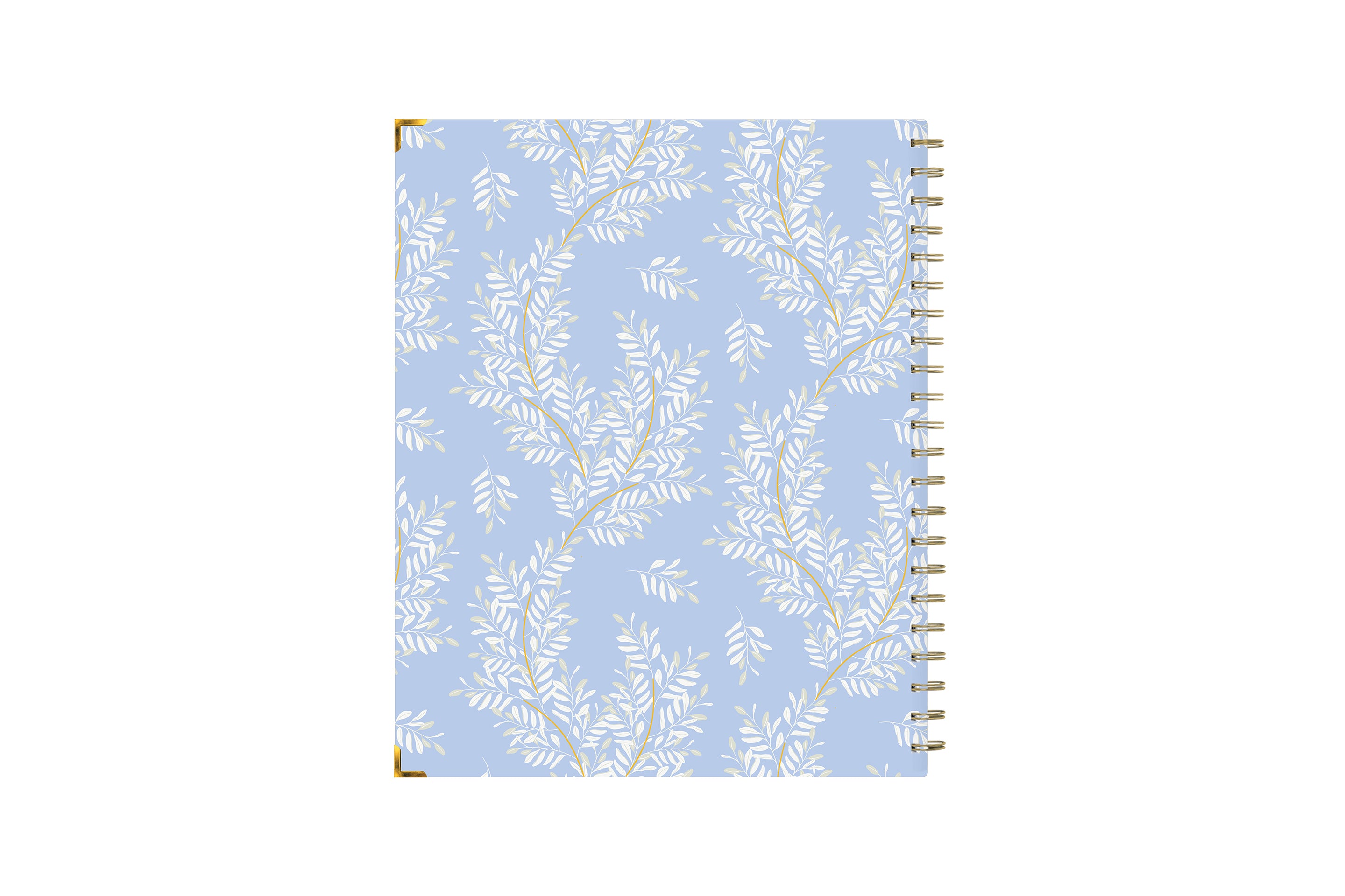 2023-2024 8.5x11 academic plammer featuring gold wire binding, gold corner tips, floral design