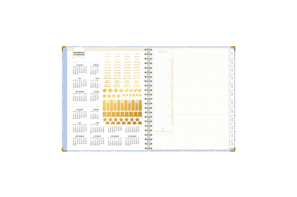 gold sticker sheets, reference calendars for 2023 and 2024, bookmark, paper pocket