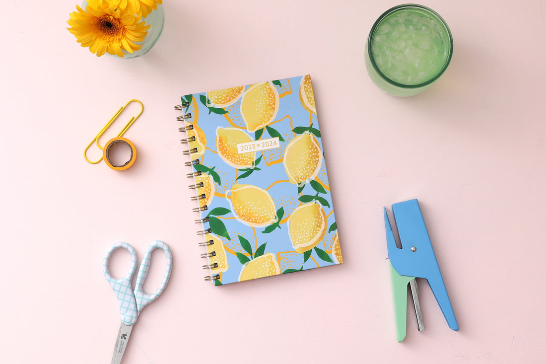 Front cover with lemonade design gold twin wire-o binding and 2023-2024 printed academic year