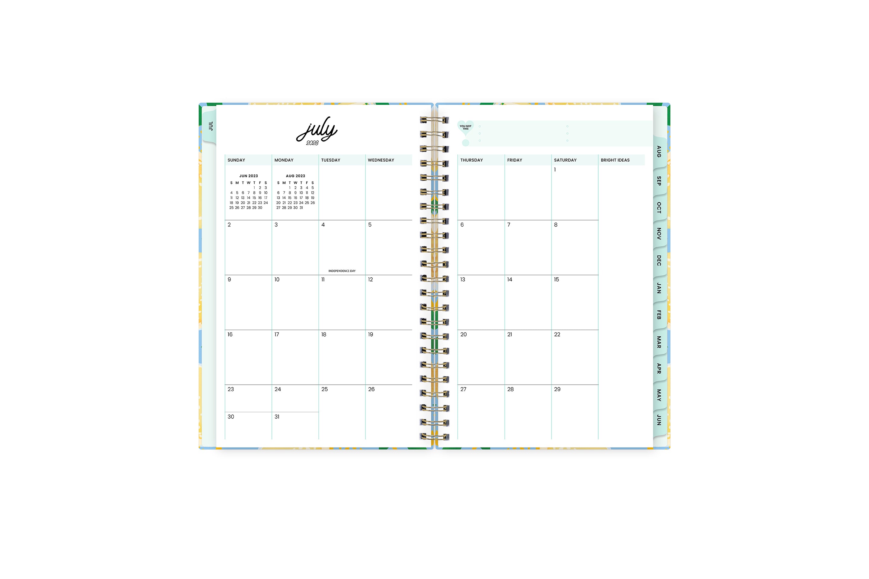 July 2023 - June 2024 academic planner monthly spread view clean blank white writing space and mint monthly tabs 5x8