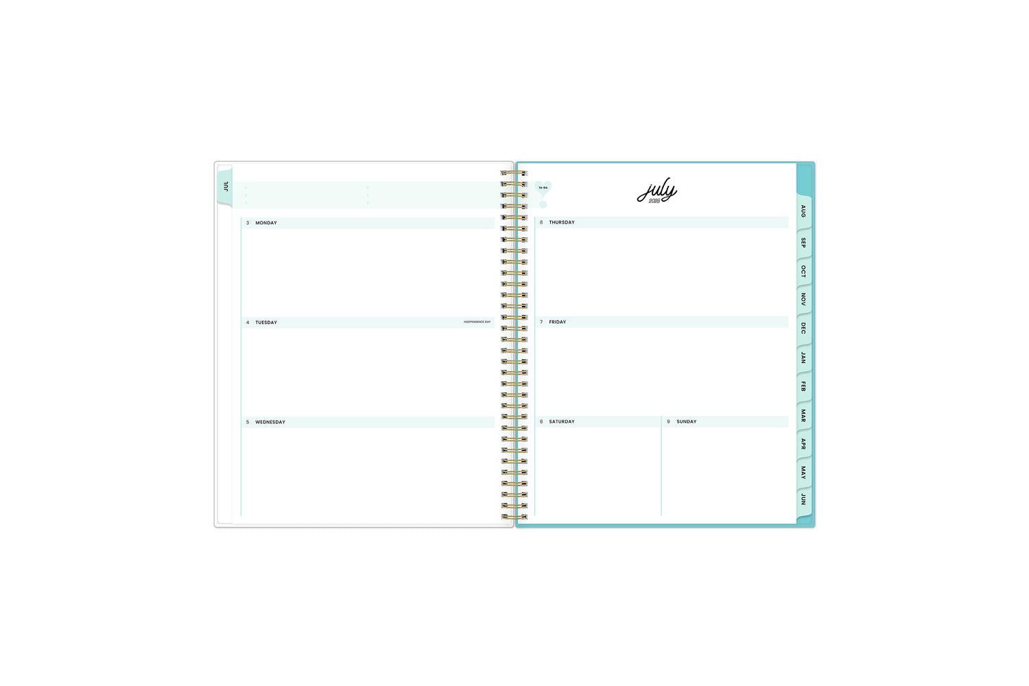 2023-2024 academic weekly monthly planner featuring a weekly spread grid blank notes, to-do list, goals, mint tabs, and reference calendars in 8.5x11 planner size