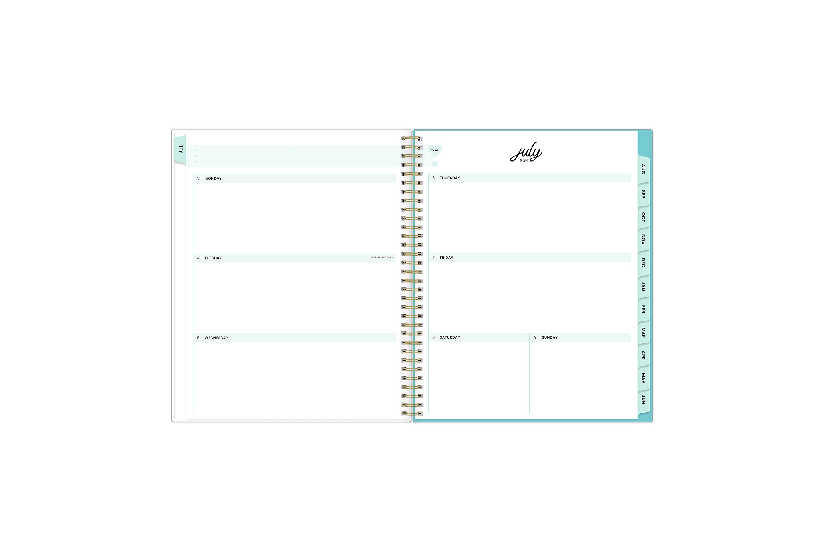 2023-2024 academic weekly monthly planner featuring a weekly spread grid blank notes, to-do list, goals, mint tabs, and reference calendars in 8.5x11 planner size