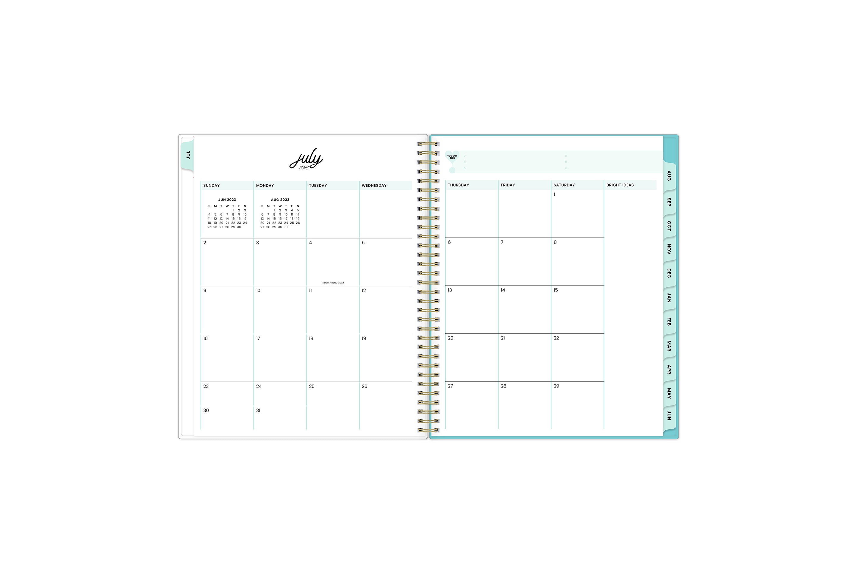 2023-2024 academic weekly monthly planner featuring a monthly spread grid lined notes, to-do list, goals, mint tabs, and reference calendars in 5x8 planner size