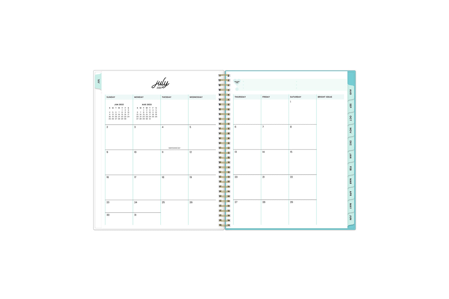 2023-2024 academic weekly monthly planner featuring a monthly spread grid lined notes, to-do list, goals, mint tabs, and reference calendars in 5x8 planner size