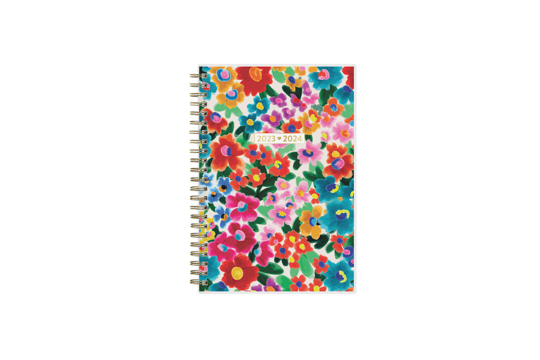 assorted colorful flowers front cover, gold twin wire o binding, dated 2023-2024  5x8 planner size