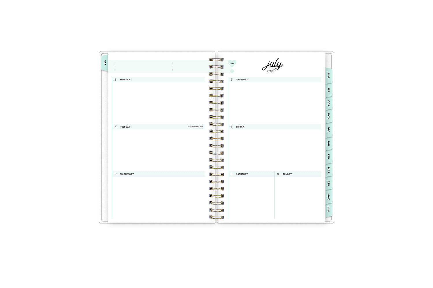 weekly spread featuring july 2023 with clean writing space for each day, mint monthly tabs