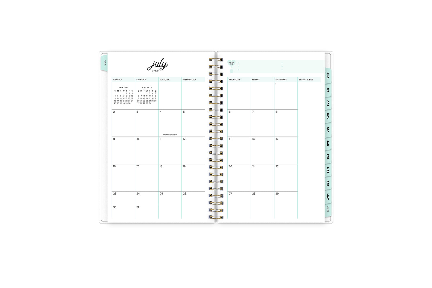 monthly spread featuring july 2023 with clean writing space for each day, mint monthly tabs