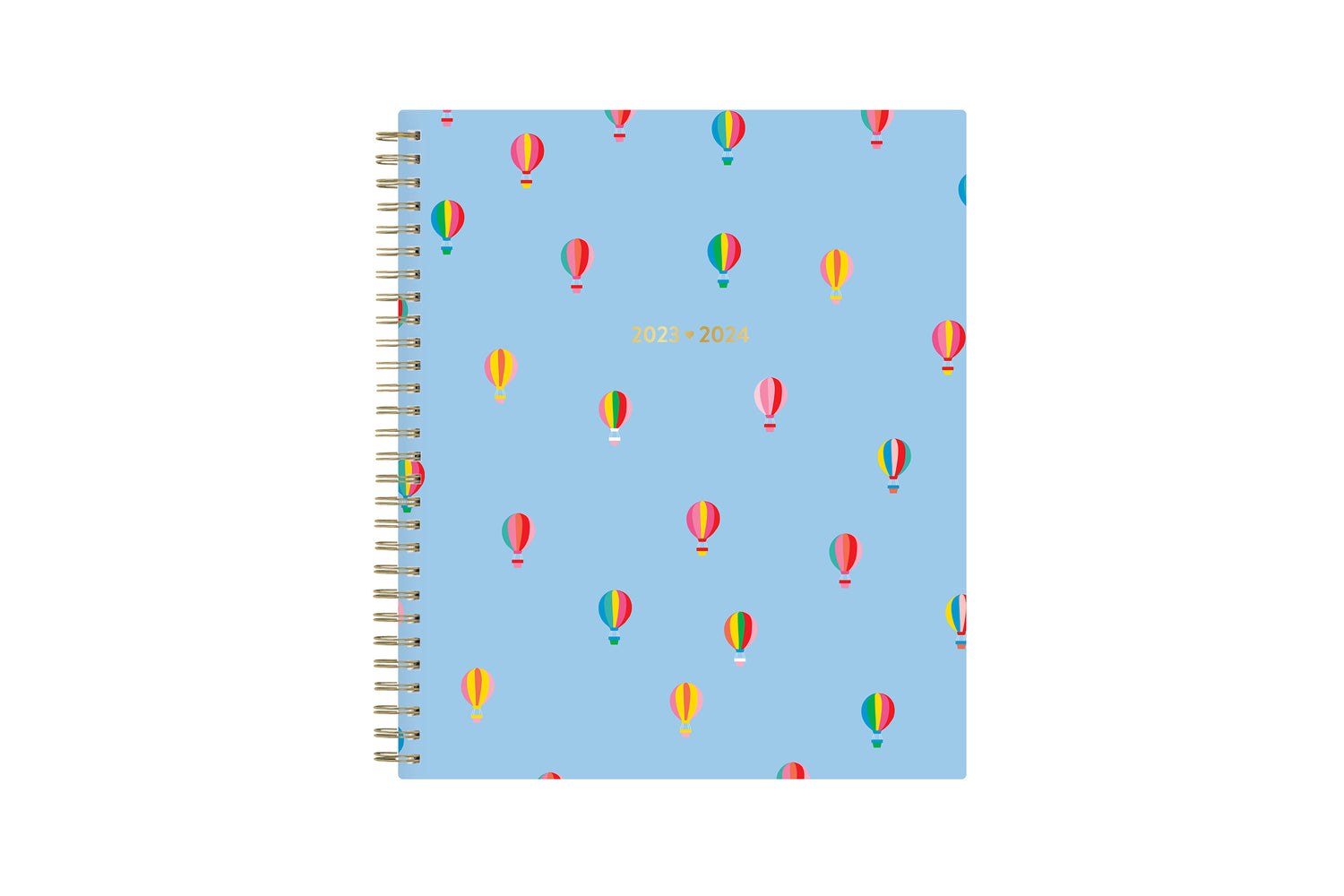 Color Me Courtney designed for Blue Sky featuring air balloons on a blue sky background and gold wire-o binding 8x10 academic planner