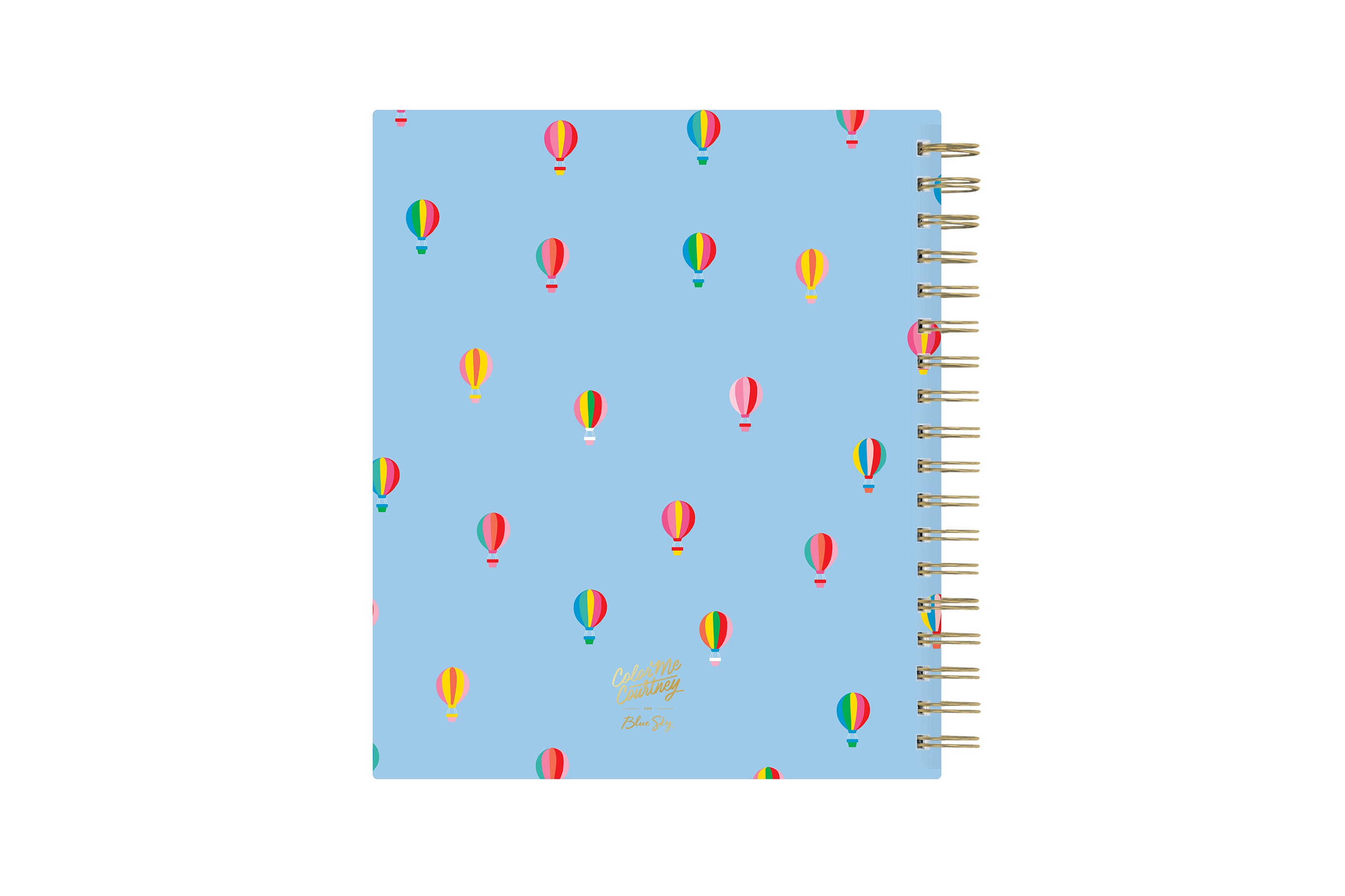 Color Me Courtney designed for Blue Sky featuring air balloons on a blue sky background and gold wire-o binding 8x10 academic planner